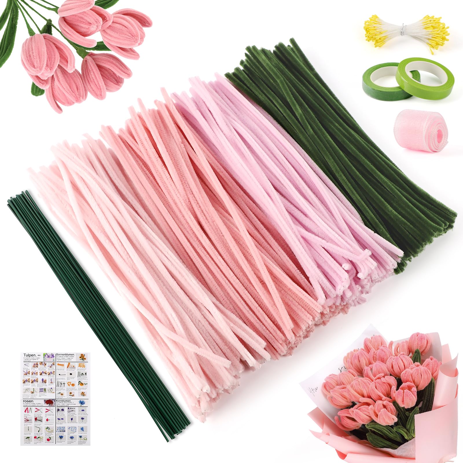 Pfeifenreiniger Blumen Set, 300 Stück Pfeifenputzer zum Basteln, Pfeifenreiniger zum Basteln, mit Grüne Bastelfaden, Klebeband, Geschenkpapier für DIY-Kunsthandwerk, Rosa Angebot bei HelloDeals
