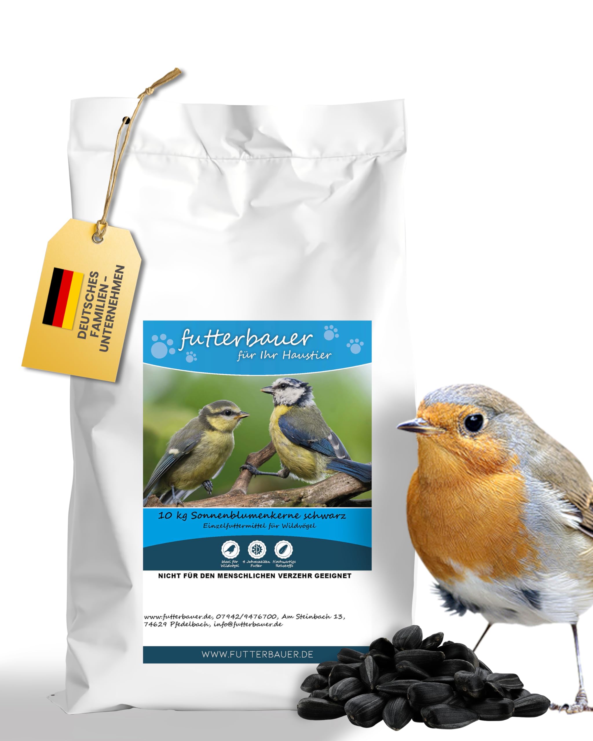 Futterbauer 10 kg Schwarze Sonnenblumenkerne für Vögel, 100% Natur, Hochwertige Energiequelle für Wildvögel, Hoher Fett- & Vitamin-E-Gehalt, Gereinigt & Getrocknet mit Schale, Ernte 2025 Angebot bei HelloDeals