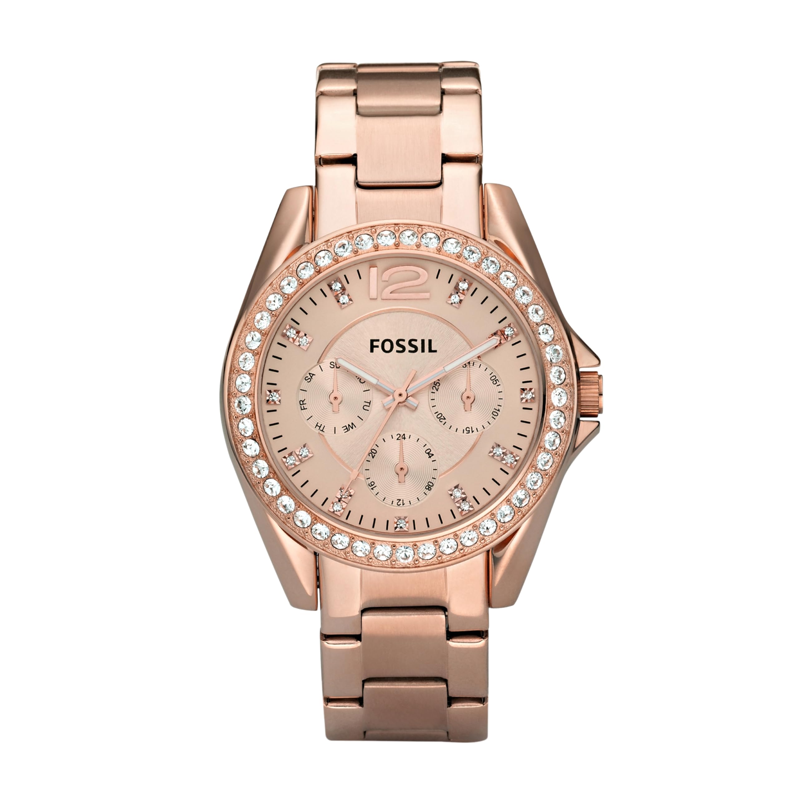 FOSSIL Riley Armbanduhr für Damen Quarz Chronograph Uhrwerk mit Edelstahl oder Lederband Roségoldton und Glitter 38MM Angebot bei HelloDeals