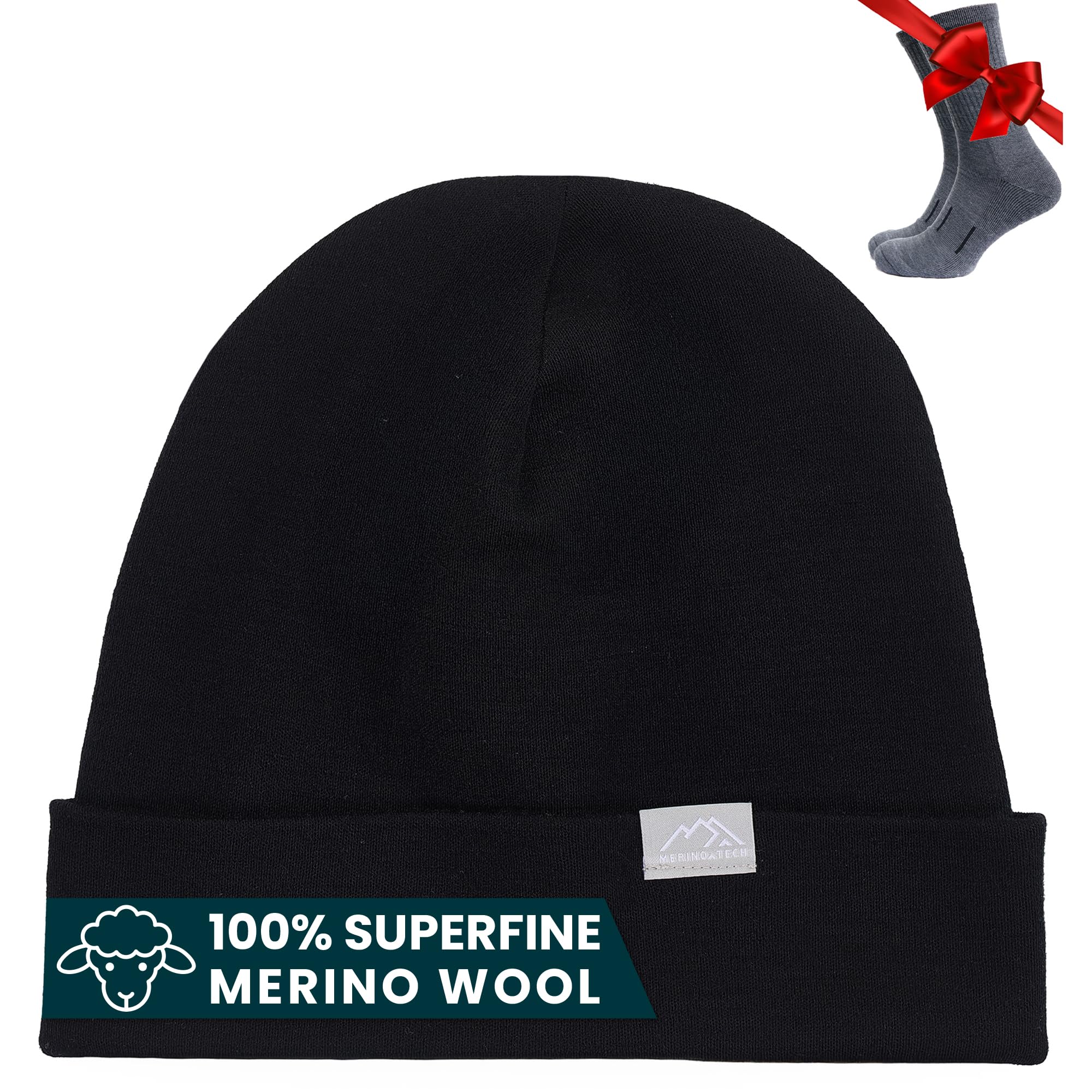 Merino.tech 100% Merino Mütze – Unisex Beanie aus Merinowolle – Warm, Weich & Atmungsaktiv für Herren und Damen Schwarz L-XL Angebot bei HelloDeals