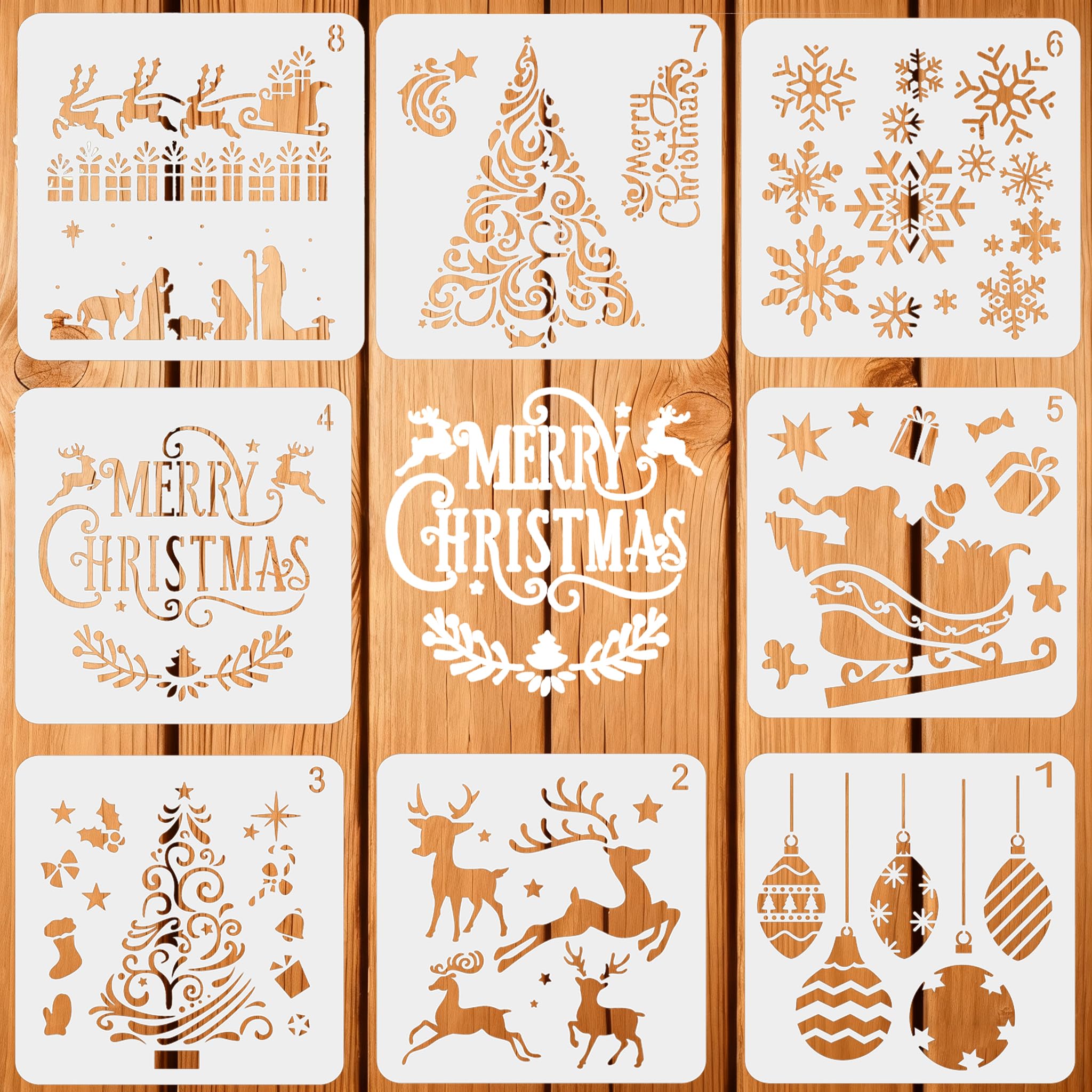 Weihnachten Schablonen, 8 Stück Weihnachts Stencils Set Wiederverwendbares Malerei Vorlage Bemalen, DIY Christmas Schablone zum Malen an Wand, Geschenkkarte, Kleidung (13cm/5,1 Zoll, Xmas) Xmas 13cm/5,1 Zoll Angebot bei HelloDeals