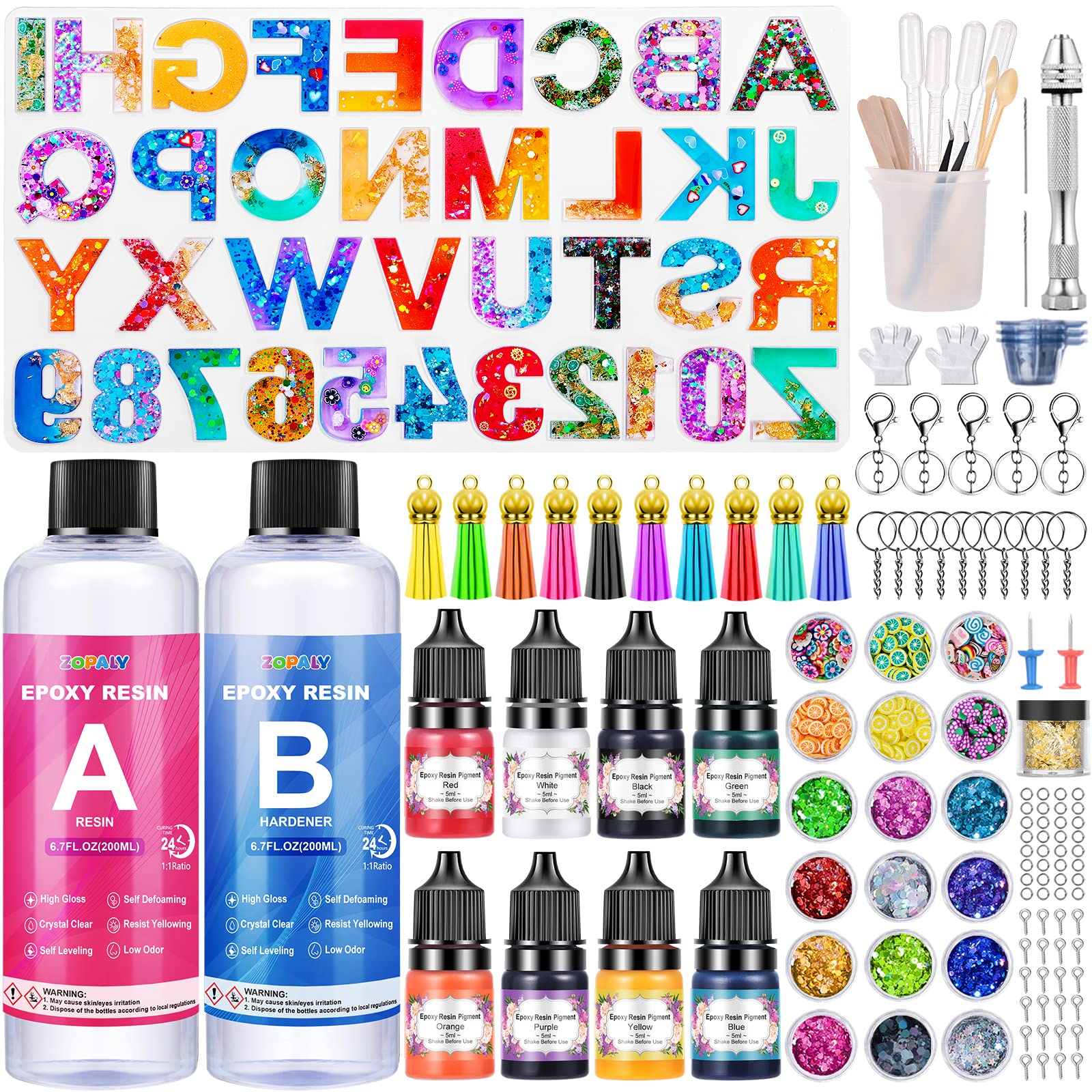 ZOPALY Epoxidharz Set Anfänger, 192 Stück mit Silikonform Buchstaben und Zahlen, 400ml Schlüsselanhänger mit Epoxidharz Farben, Glitzer, Messbecher Aus Silikon Angebot bei HelloDeals