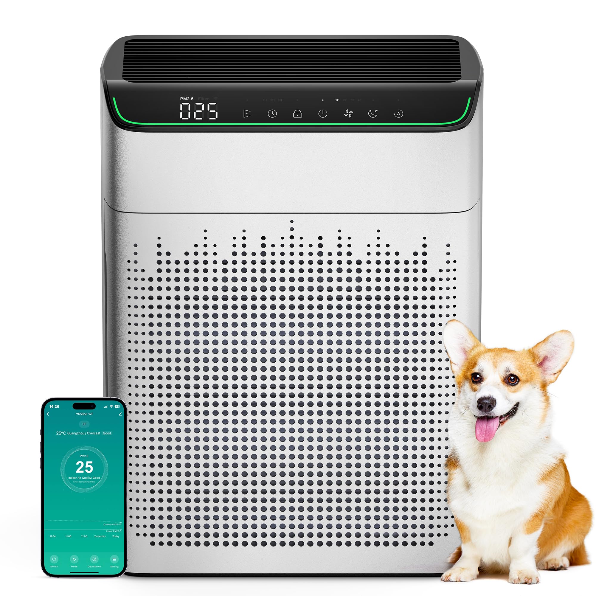 Luftreiniger Allergiker für Wohnung Raucherzimmer, Air purifier, großer Raum bis zu 1690 ft² mit PM 2,5 Luftqualitätsmonitor, WiFi- und Alexa-kompatibel, 1 Packung + 4 Modi Angebot bei HelloDeals