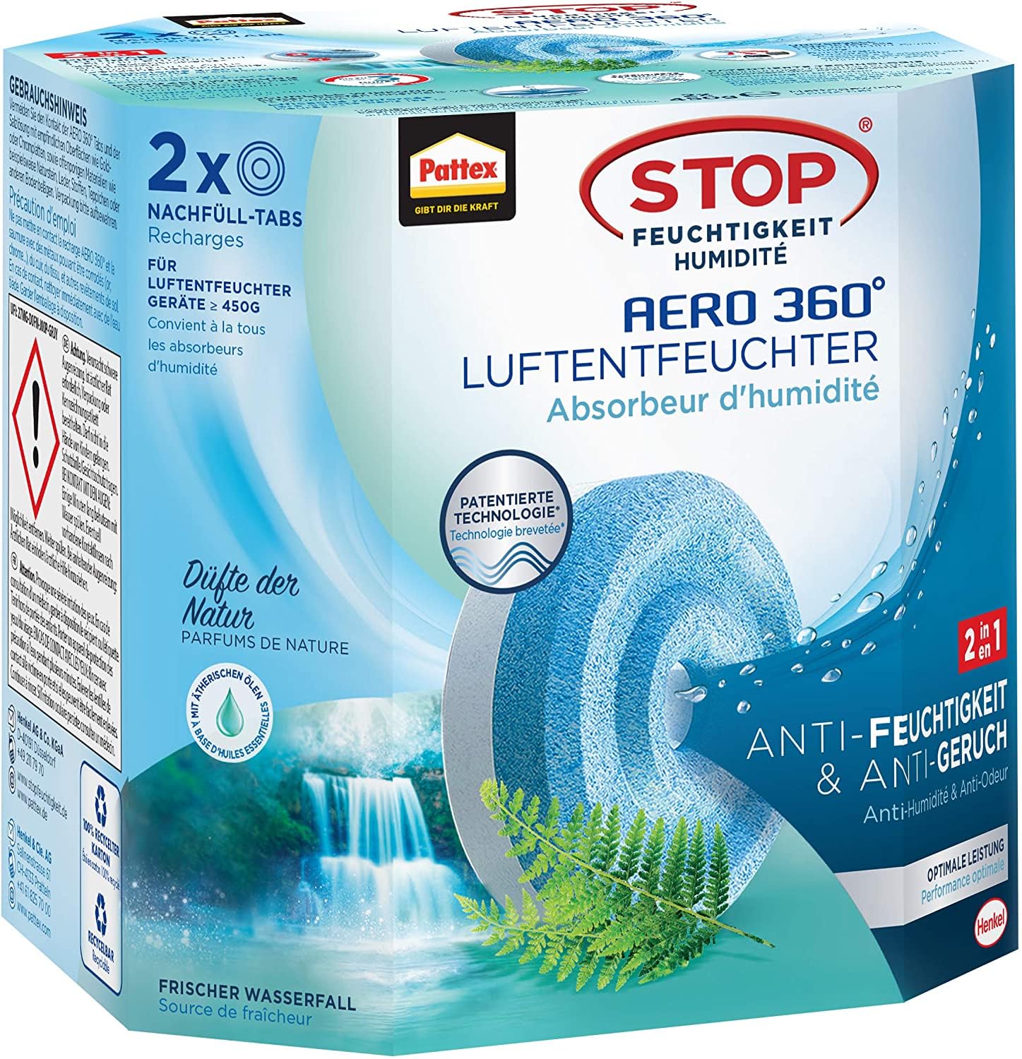 Pattex AERO 360° Frischer Wasserfall Tabs Nachfüllpack, reduzieren Feuchtigkeit und schlechte Gerüche, Nachfülltabs für den Luftentfeuchter AERO 360°, 2er-Pack (2x450g) 2 x 450g Nachfülltabs Angebot bei HelloDeals