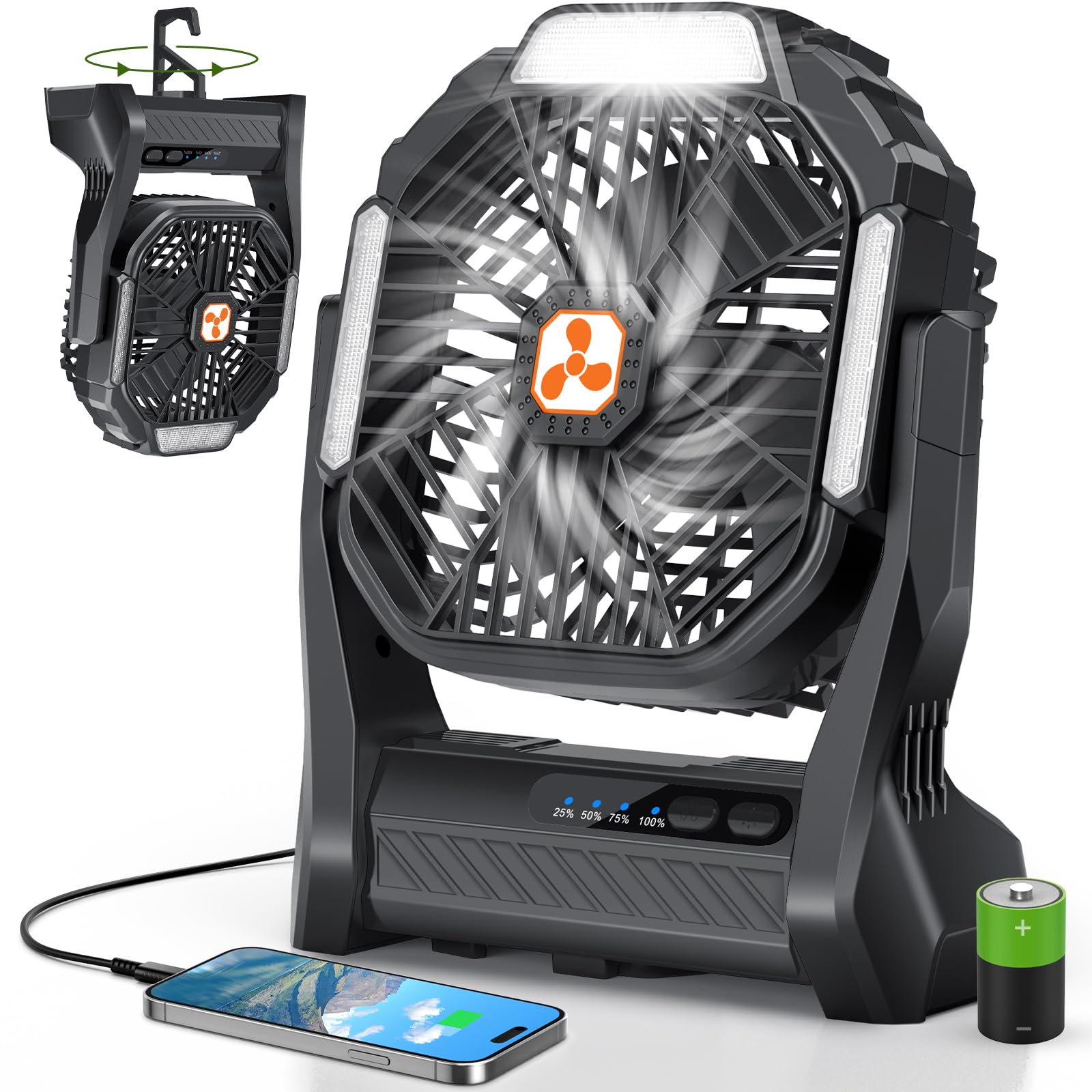 Batteriebetriebener Ventilator 20000mAh Kabellos, Wiederaufladbarer Tragbarer Ventilator mit LED-Laterne, Tischventilator, USB-C-Akku Campingventilator für Reisen, Strand, Schwarz Black Angebot bei HelloDeals