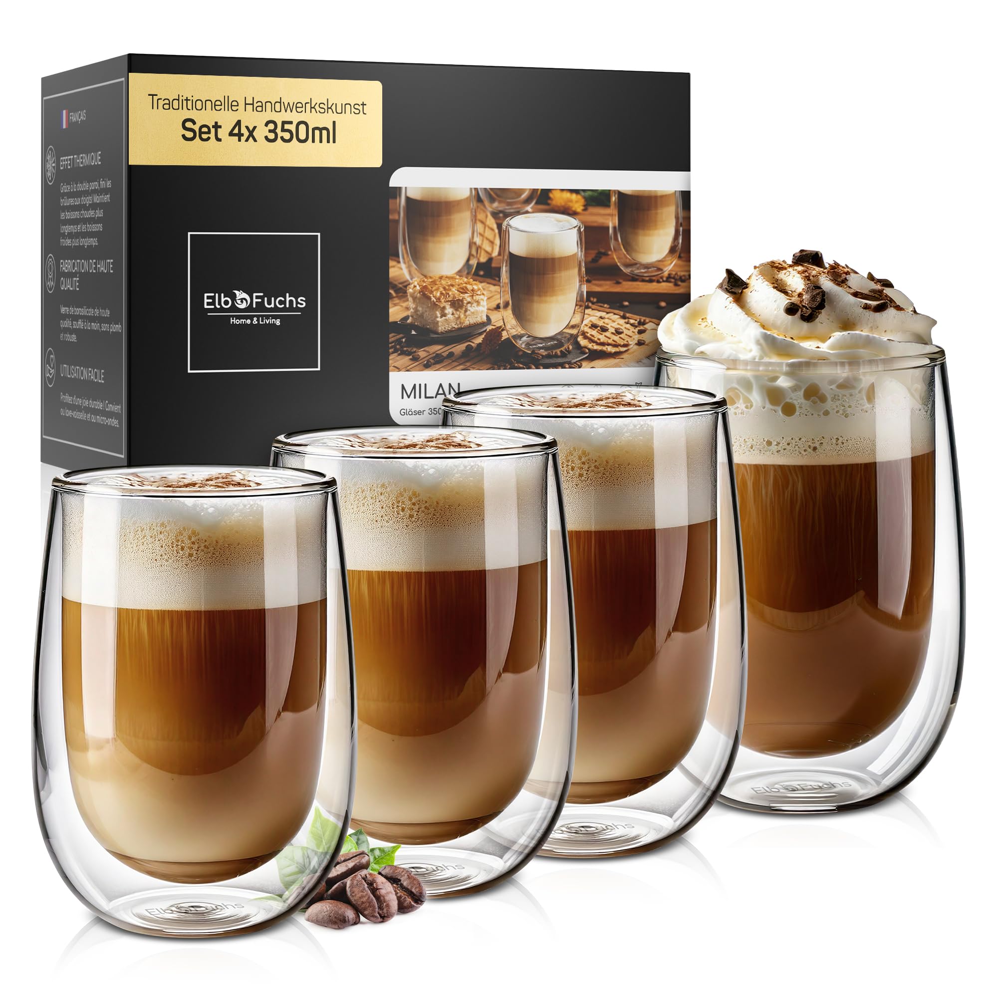 Doppelwandige Latte Macchiato Gläser Set [4x 350ml in GASTRO-QUALITÄT] Kristallklare Thermogläser doppelwandig | Ideal als Cappuccino Gläser | Kaffeegläser | Teegläser 01 Milan - Set4 350ml Angebot bei HelloDeals