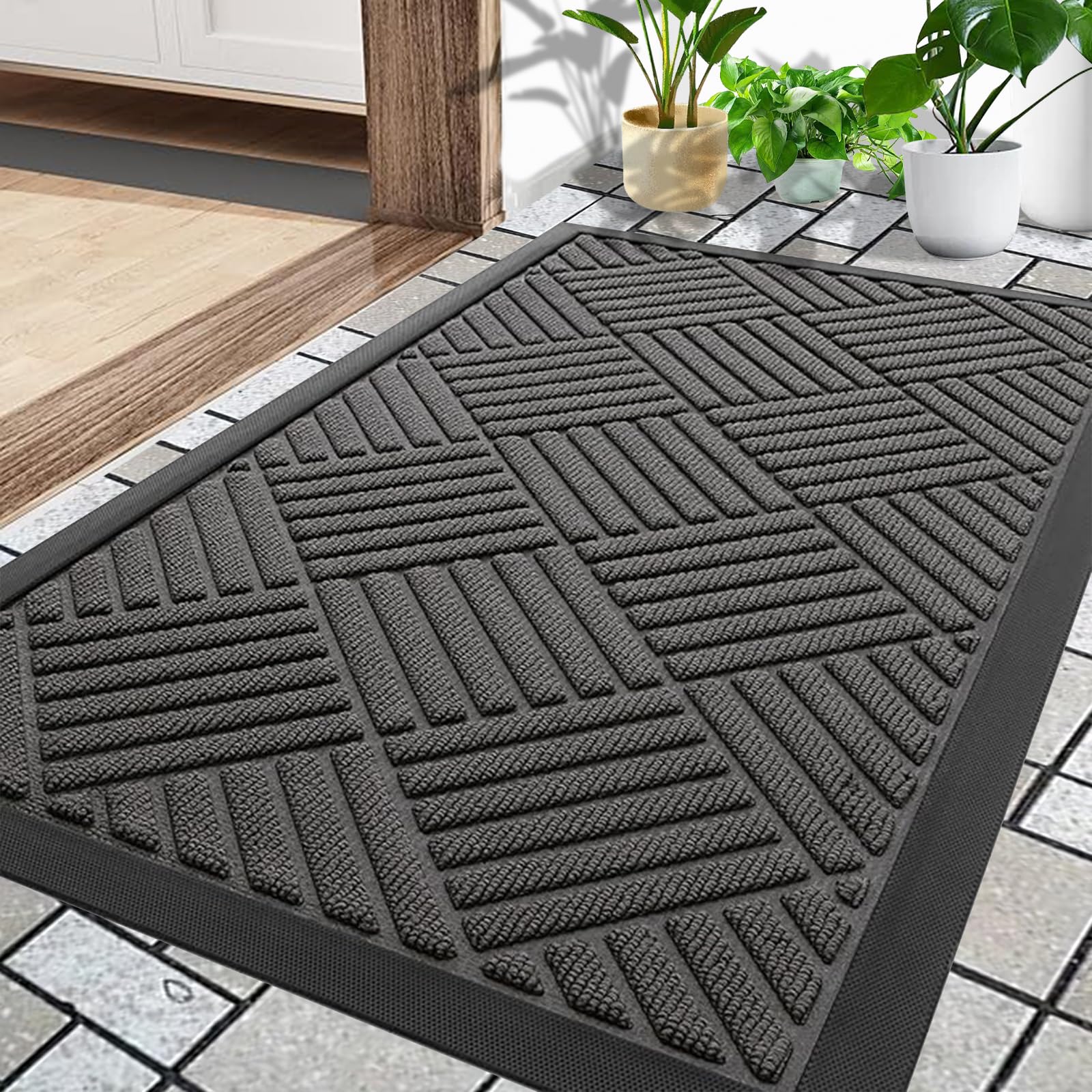 Fußmatte Außen 43 x 76 cm, Silikon Schmutzfangmatte für Außen & Innen - rutschfest, Staubdicht und Waschbar, Türmatte Außen Wetterfest für Haustür, Eingang, Balkon - Dunkelgrau 43 x 75 cm (Rechteckig) Angebot bei HelloDeals