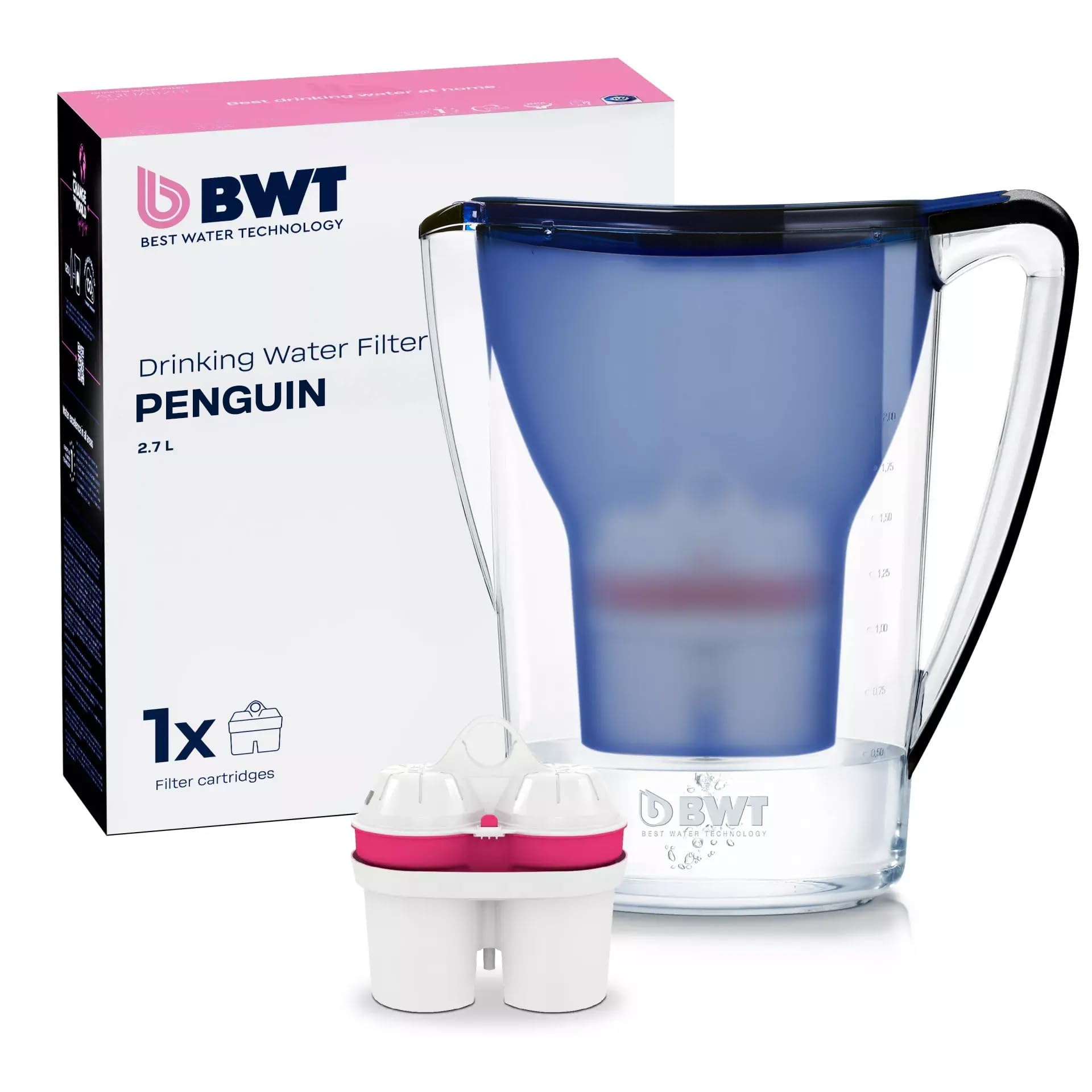 BWT Tischwasserfilter PENGUIN inkl. 1x Magnesium Filterkartusche | Wasserfilter Trinkwasser | Filtert Kalk, Chlor, Blei & Kupfer | Filterkannen | Jug | BWT Wasserfilter | Farbe: Dunkelblau Angebot bei HelloDeals