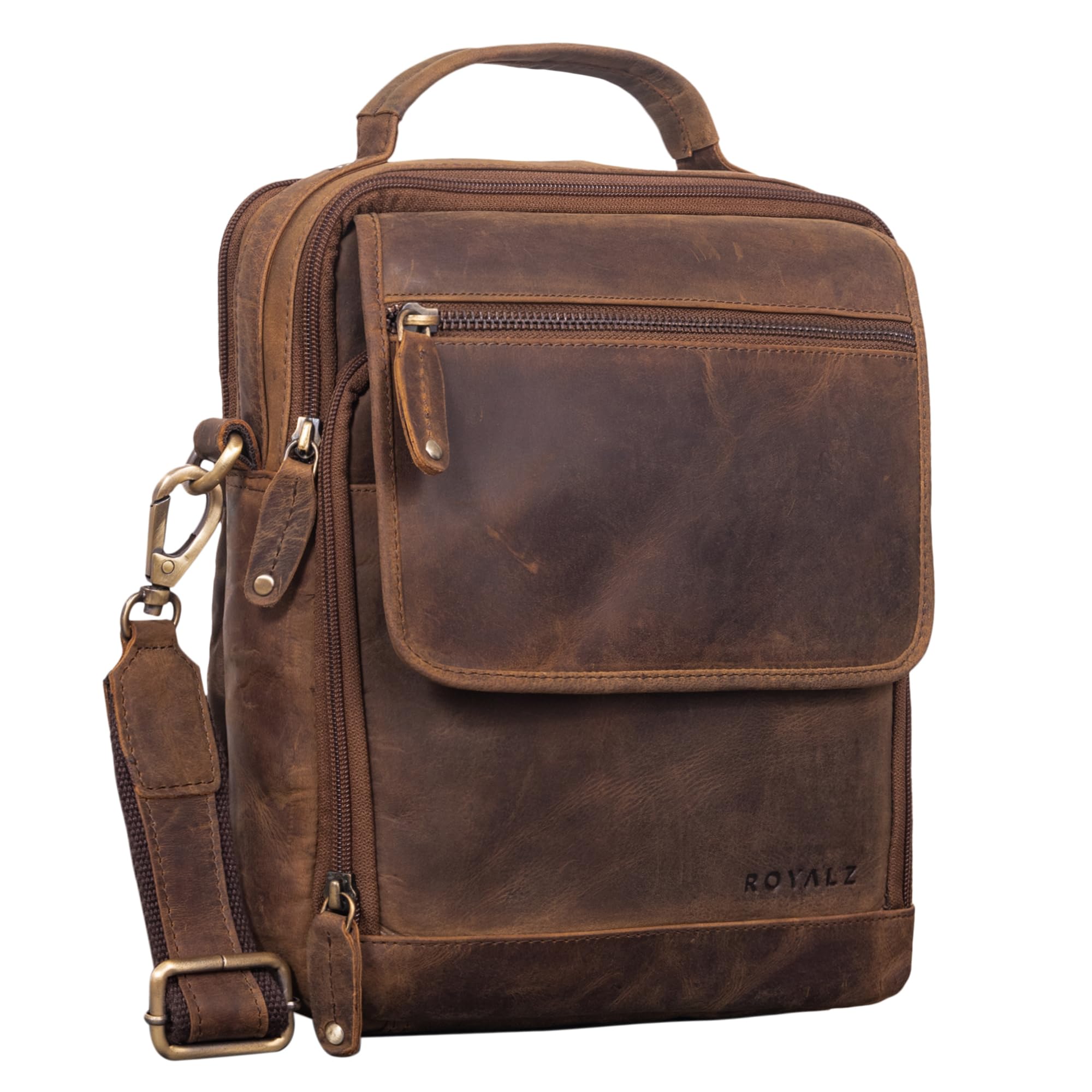 ROYALZ "Tennessee Handliche Echtleder Herrentasche zum Umhängen - Kleine Leder-Tasche Herren Umhängetasche Männerhandtasche im Vintage Design für Tablet 11 Zoll;Farbe:Roma Cognac Braun Nevada Braun Angebot bei HelloDeals