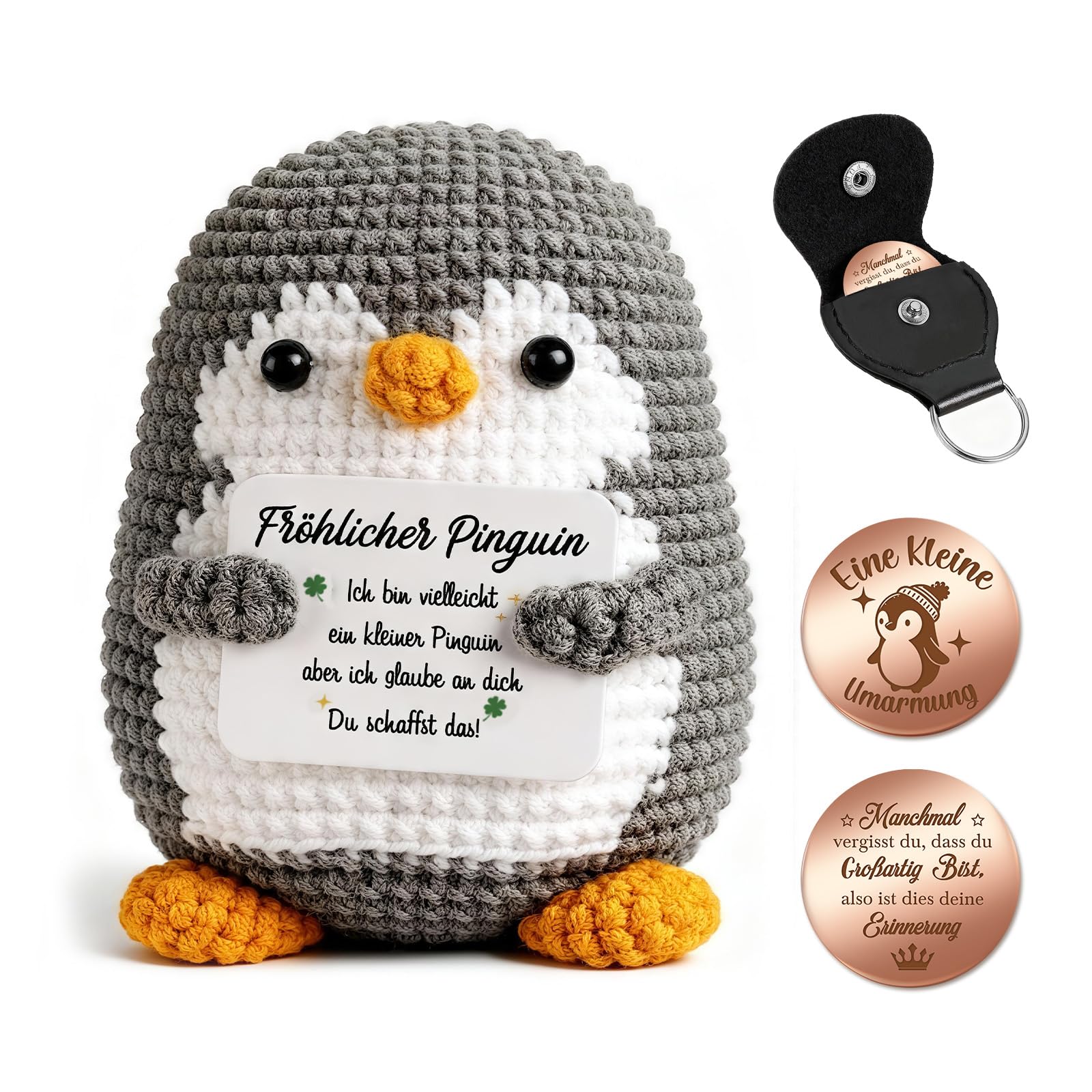 Giftota Pocket Hug Pinguin - Handgehäkelte Pinguin Puppe mit Glücksmünze & Lederetui - Glücksbringer & Mutmacher - Weihnachten Geschenke - Gute Besserung - Geschenk für Männer, Frauen, Jugendliche Positiver Pinguin Angebot bei HelloDeals