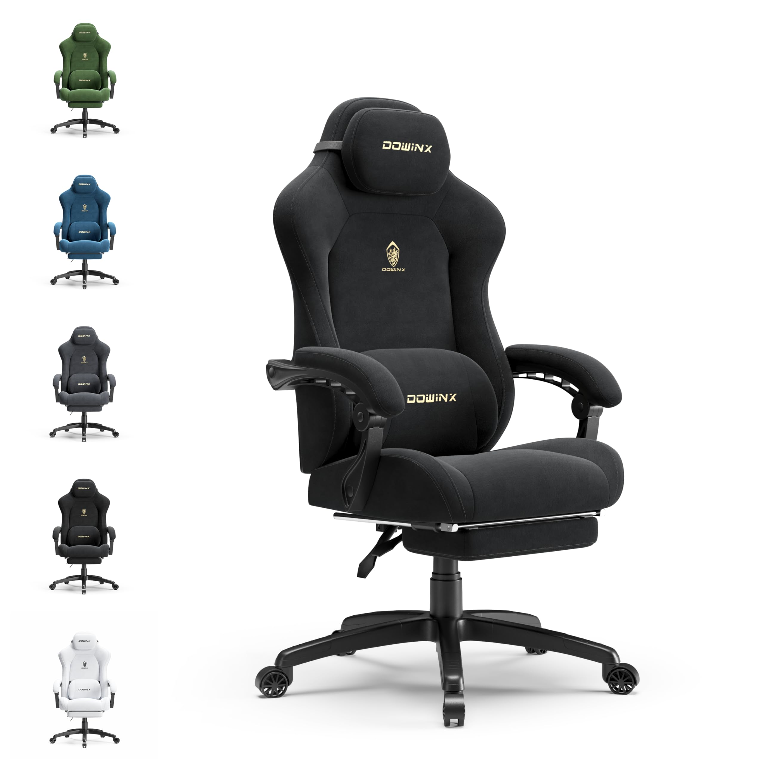Dowinx Gaming Stuhl, Höhenverstellbares Massage-Lendenkissen, Ergonomisch, Weiches Mikrofaser-Velours, Verdicktes Sitzpolster, Kopfstütze und Fußstütze Inklusive, 155° Neigbar, Schwarz Schwarz Titan Angebot bei HelloDeals