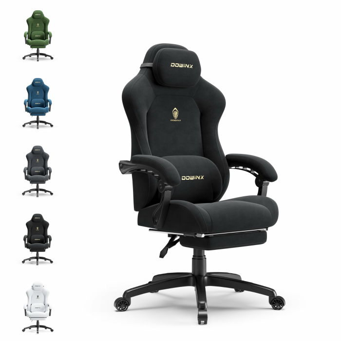Dowinx Gaming Stuhl, Höhenverstellbares Massage-Lendenkissen, Ergonomisch, Weiches Mikrofaser-Velours, Verdicktes Sitzpolster, Kopfstütze und Fußstütze Inklusive, 155° Neigbar, Schwarz Schwarz Titan Angebot bei HelloDeals