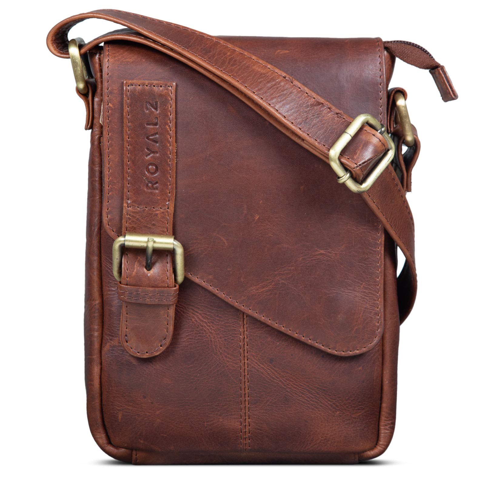 ROYALZ "Louisiana Leder Umhängetasche Klein für Männer Herren Ledertasche Mini Seitentasche Vintage Look Tasche zum Umhängen;Farbe:Schwarz Roma Cognac Braun Angebot bei HelloDeals