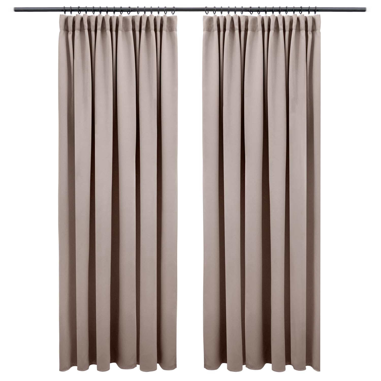 Blumtal Verdunklungsvorhänge Kräuselband 295x140 cm im 2er Set - Oeko-TEX zertifizierte Vorhänge Blickdicht - Verdunklungsvorhang - waschbare Vorhänge mit Kräuselband für Schiene in Taupe H295 x B140 cm (2er Pack) Taupe Angebot bei HelloDeals