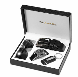 BSTcentelha Herren-Armbanduhr, Kunstleder, Quarz, analog, Gürtel, Schlüsselanhänger, Sonnenbrille, Geschenkset, Dunkelblau zum Valentinstag Schwarz Angebot bei HelloDeals