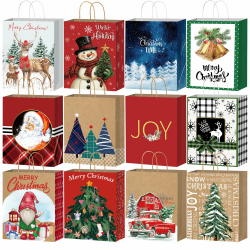 DECHISY 24 Stück Geschenktüten Weihnachten Klein, Papiertüten Weihnachten mit Griffen, Weihnachtsgeschenktaschen geeignet für Urlaub, Weihnachts- und Neujahrsdekorationen, 12 Designs, 23× 18 × 10 cm Blau Angebot bei HelloDeals