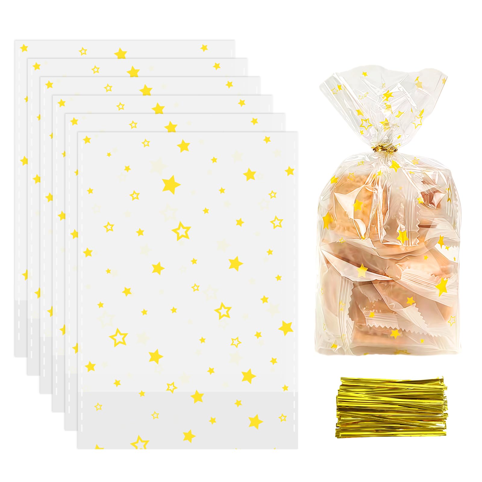 100 Stück Cellophantüten Weihnachten, 12x18cm Bodenbeutel Goldene Sterne, Kekstüten Plätzchentüten Gebäcktüten Weihnachten Transparente, Zellophantüten mit Boden für Süßigkeiten Geschenk Gold 12x18cm Angebot bei HelloDeals