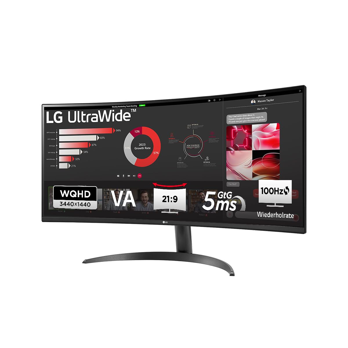 LG, 34 Zoll, UltraWide, 1800R Curved QHD Monitor, 3440 x 1440, 34WR50QK-B.AEU, 21:9, 5ms GtG, 100 Hz, HDR10, 99% sRGB, PBP-Modus, OnScreen Control, AMD FreeSync - Schwarz Angebot bei HelloDeals