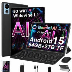 Tablet 10 Zoll Android 15 Tablets mit 64GB+2TB TF, Gemini AI, Widevide L1 FHD IPS, Octa-Core 2.0GHz, 5G+2.4G WLAN, 8MP+5MP, BT5.0, Face ID,6000mAh, BT5.0, GMS Tablet mit Tastatur und Maus - Schwarz Angebot bei HelloDeals