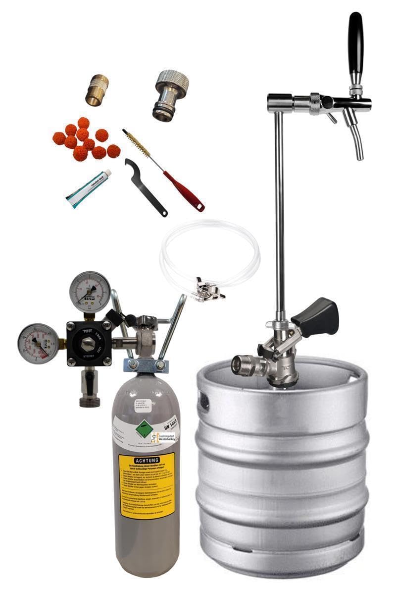 Zapfgarnitur mit Edelstahl Keg-Schanksäule inkl. 500g Co2, Schläuche, Druckminderer und Flachkeg Typ A (23475-001) Angebot bei HelloDeals