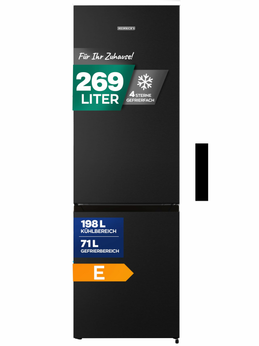 Heinrich´s Kühlgefrierkombination 269 Liter, Kühlvolumen 198L, Gefrierfach 71L,LED Beleuchtung,Kühlschrank Türanschlag wechselbar, leise 39dB,große Tiefkühlboxen, 7 Temperaturstufen, (inox-schwarz) Angebot bei HelloDeals