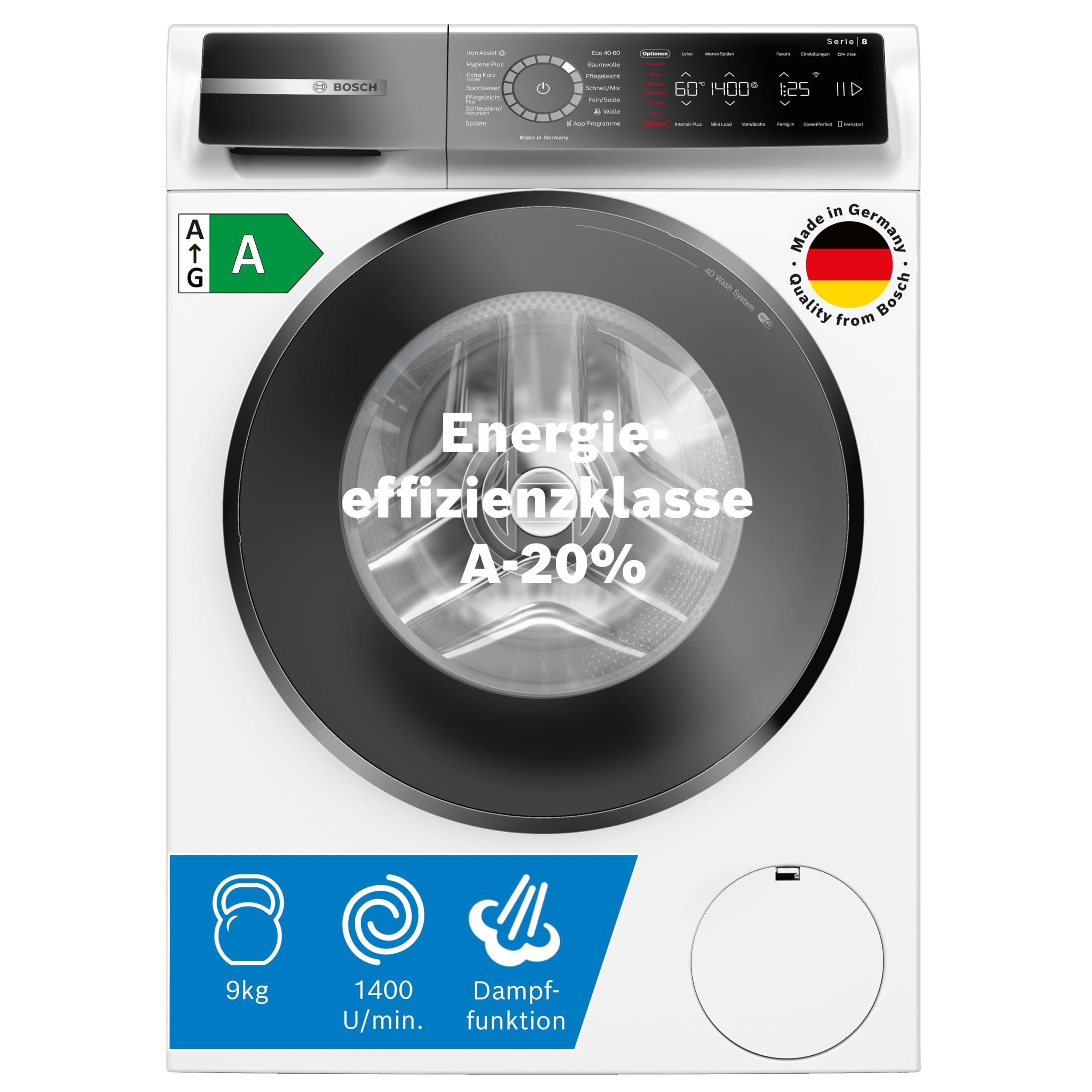 Bosch WGB244040 Serie 8 Smarte Waschmaschine, 9 kg, 1400 UpM, Made in Germany, Active Water Plus Energie- und Wasserersparnis, Iron Assist Dampf zum Entknittern, Mini Load 9 kg Serie 8 Angebot bei HelloDeals