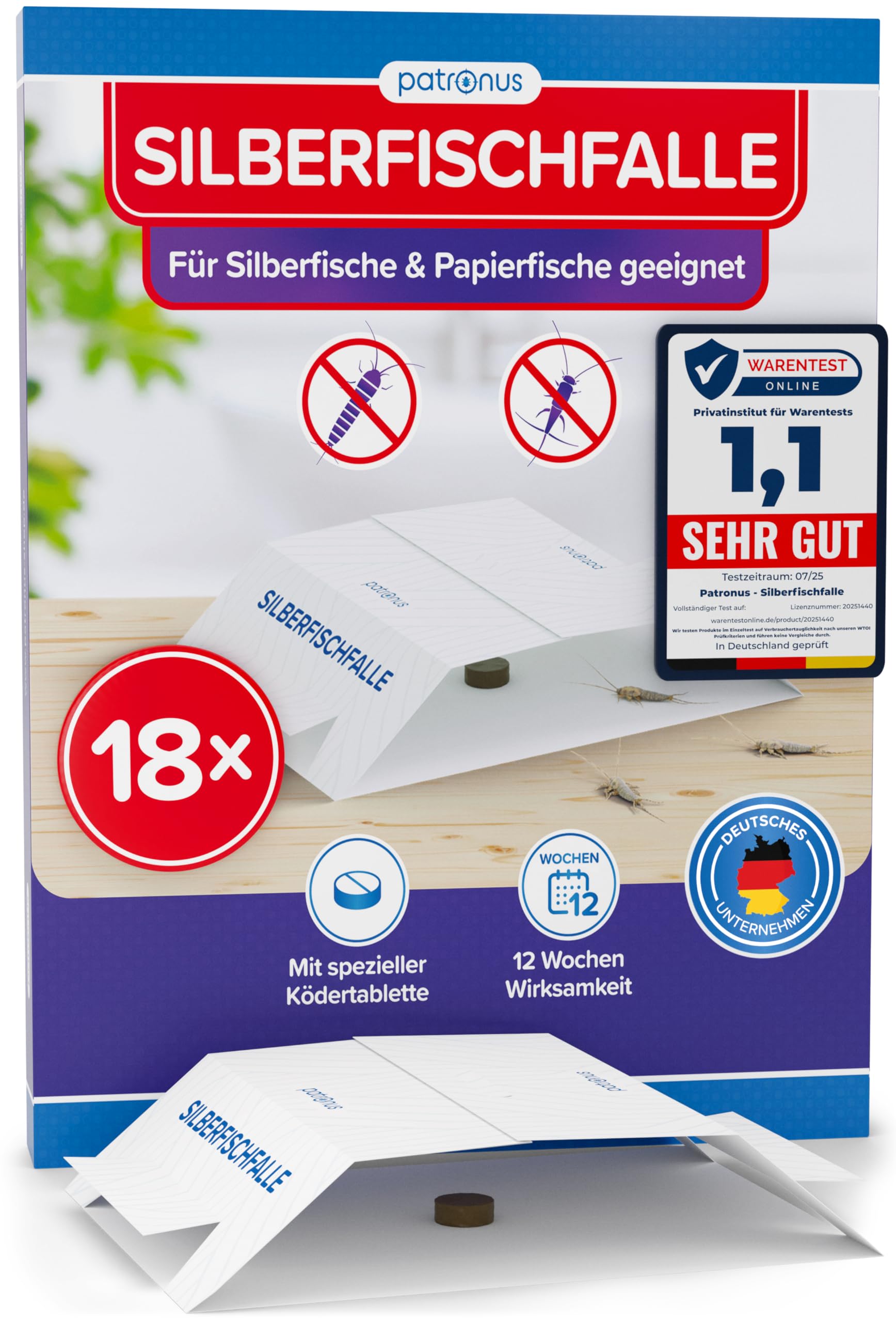 Patronus Silberfischfalle [18 Stück] - Monitoring-Klebefalle mit giftfreiem Köder inkl. E-Book zum Thema: Silberfische bekämpfen - Papierfisch-Falle für alle Wohnräume zur Befallsermittlung 18x Fallen Angebot bei HelloDeals