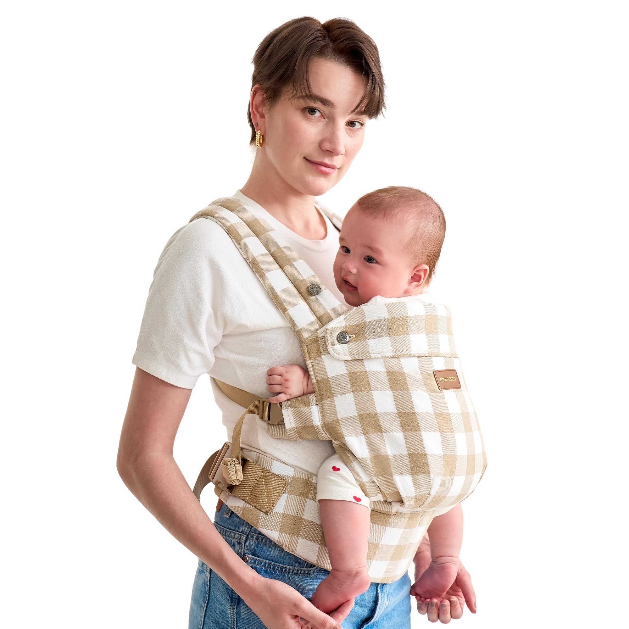 Momcozy Baby-Trage aus Natur-Baumwoll-Leinen: Besonders langlebig, ergonomisch, leicht & komfortabel - Hände-Frei für Mütter & Väter - Schiefer-Karo Karomuster-Khaki Angebot bei HelloDeals