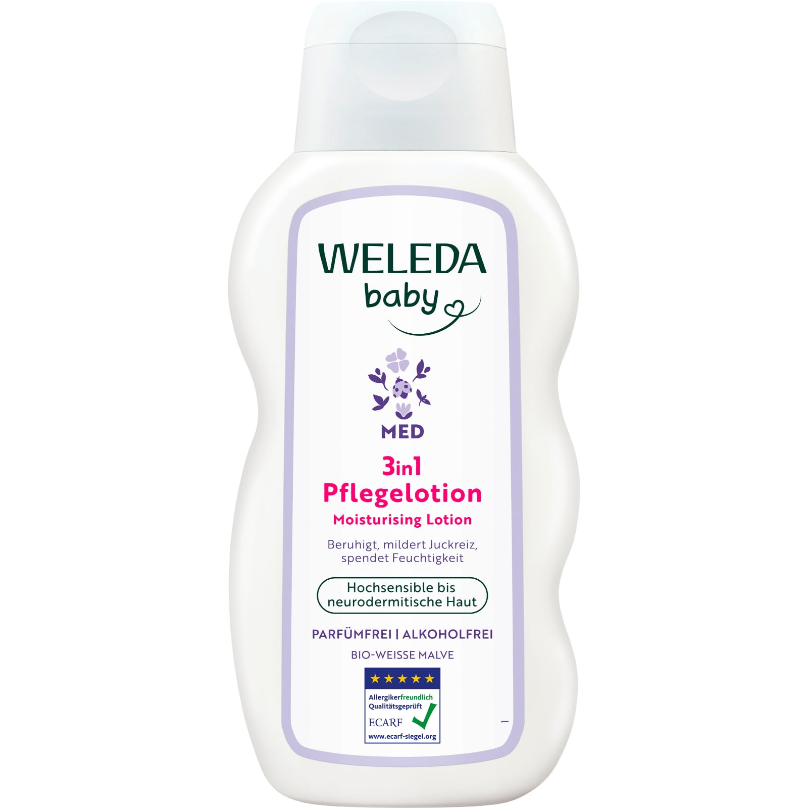 WELEDA Bio Baby Med 3in1 Pflegelotion Weiße Malve - Naturkosmetik Pflegelotion mit Kokosöl & Kakaobutter für hochsensible/neurodermitische Haut. Natürliche Körpflege Lotion für Babys (vegan, 200ml) Baby Med Bodylotion Angebot bei HelloDeals