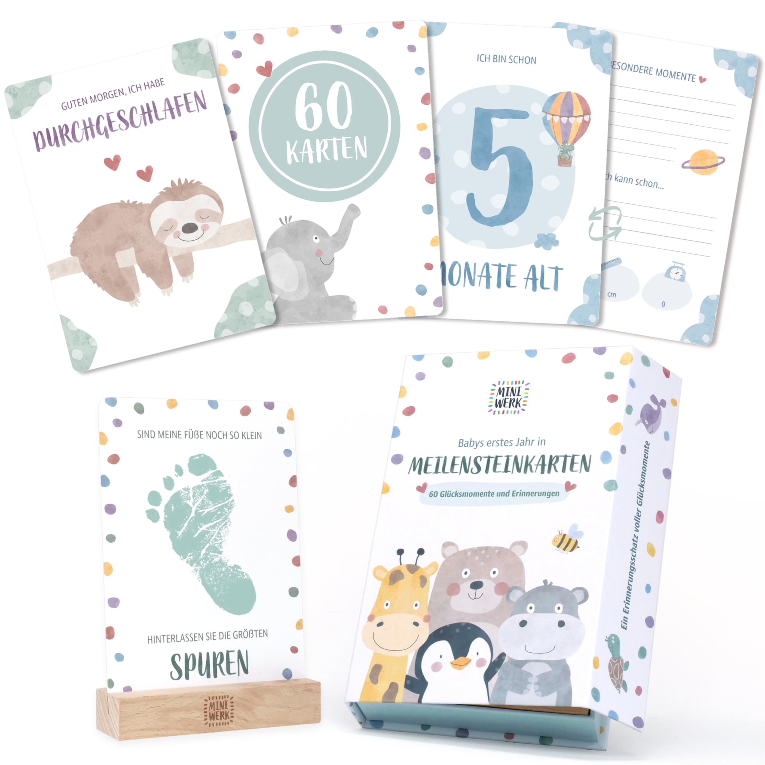 Miniwerk Meilensteinkarten Baby 60 Stück – persönliches Geschenk zur Geburt, Erinnerungsbox Baby, Babytagebuch, Ergänzung zur Baby Erstausstattung für Neugeborene und Eltern, Kontrastkarten Baby Angebot bei HelloDeals