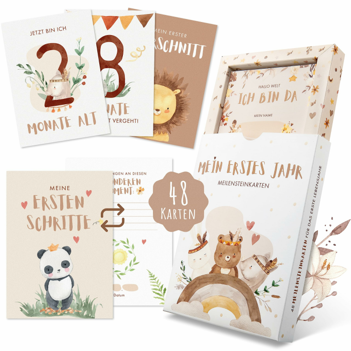 EULENTALER® Meilensteinkarten Baby I Das Original I Von Pädagogen gestaltet I Mit handgemalten Boho Illustrationen I Monatskarten mit beschreibaren Rückseiten I 48 Karten mit Box "Mein erstes Jahr" Mein 1. Jahr - Boho Angebot bei HelloDeals