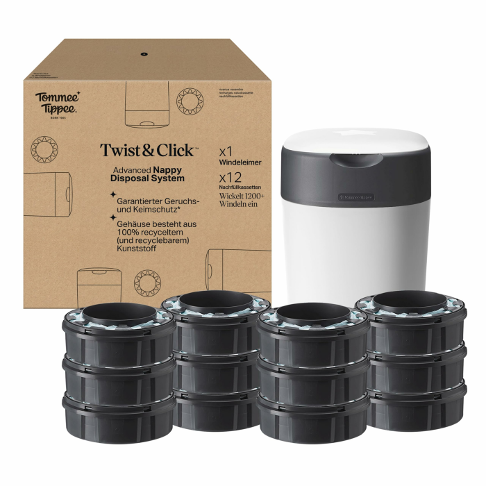 Tommee Tippee Twist & Click Advanced Windeleimer, mit 12-er Pack Nachfüllkassetten mit einer mehrschichtigen, antibakteriellen Folie gefüllt, Weiß (Verpackung kann variieren) 13-teiliges Set Angebot bei HelloDeals