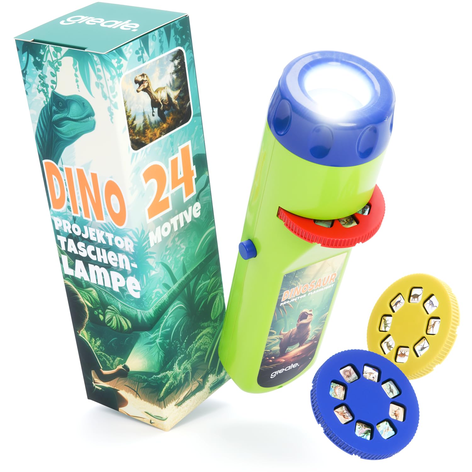 greate Taschenlampe Kinder Dinosaurier Spielzeug mit 3 Scheiben & 24 Bilder - Kindertaschenlampe Dino Projektor - Kleine Geschenke für Kinder - Dino Geschenk Junge - Kinderspielzeug Geschenkideen 1er Pack Grün Angebot bei HelloDeals