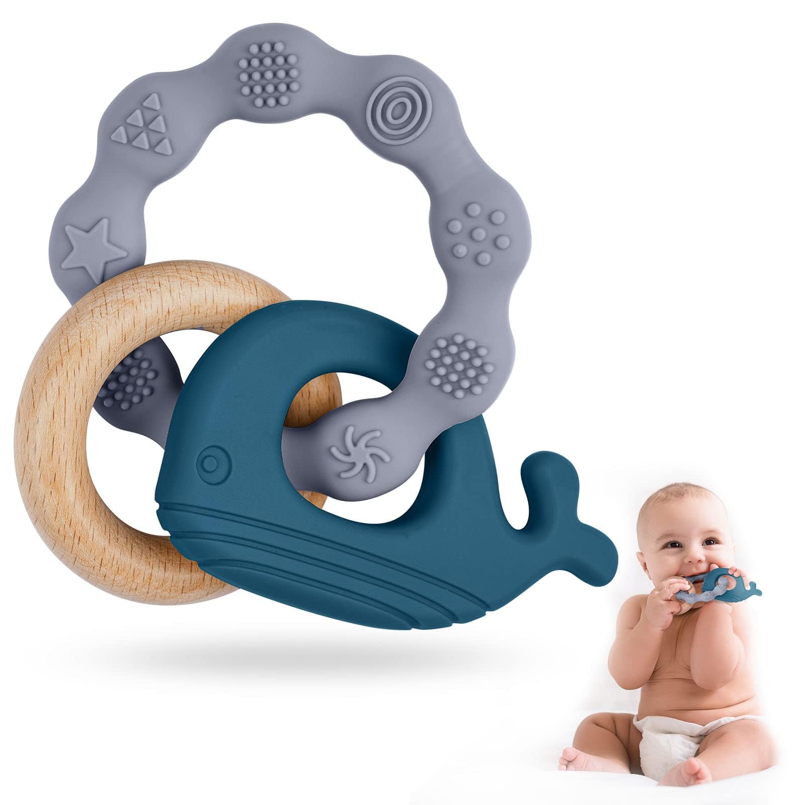 Vicloon Beißring Baby, Beißspielzeug Zahnungshilfe aus Silikon & Holz, BPA-frei, Waltierform, Zahnen Nursing Zubehör für ab 3 Monaten Babys, Mädchen Junge Geschenk (Wal-Blau) Angebot bei HelloDeals