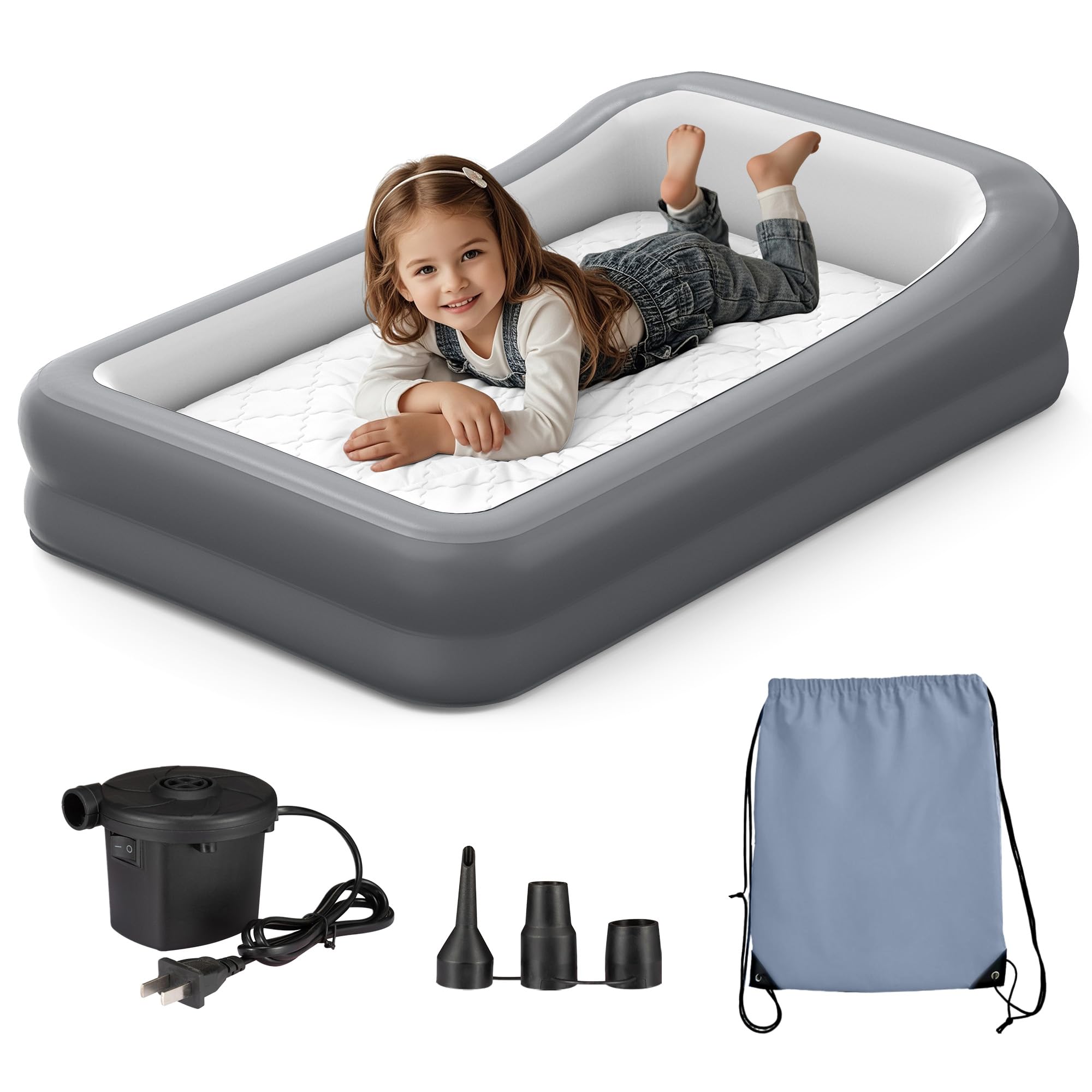 Aufblasbares Reisebett für Kleinkinder, tragbare Kinder-Luftmatratze mit Sicherheitsstoßstangen, ideal für Reisen, inklusive Pumpe und Tragetasche Angebot bei HelloDeals