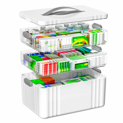 Medikamenten Aufbewahrung, 3 Stöckige Hausapotheke, Hausapotheke Box mit Tragegriff, Inkl. Portable Organizer, 34.1 * 22 * 24.5 cm Medikamentenbox Groß für Zuhause, Büro, Schule (Grau) Angebot bei HelloDeals