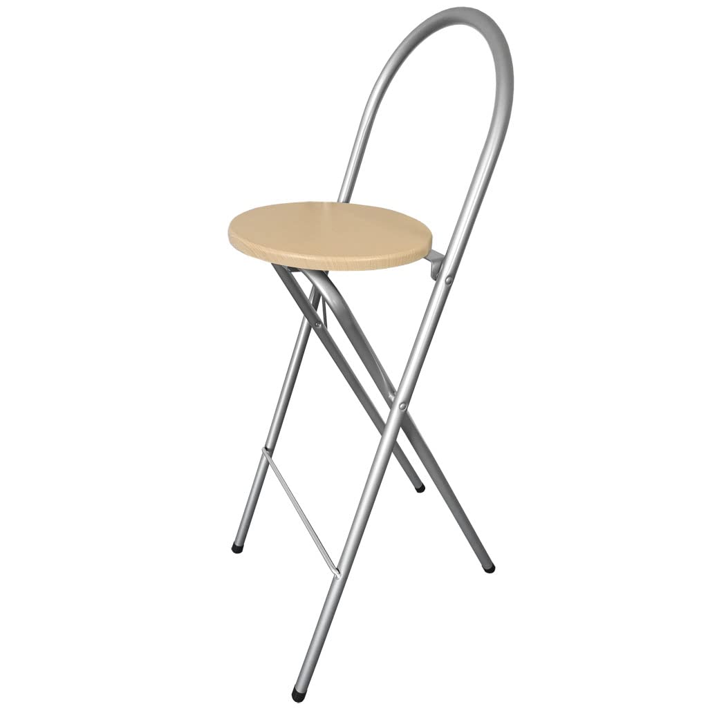 KMH Barhocker Bill klappbar – 73,5cm Sitzhöhe, Stahlgestell Silber, MDF Sitz mit Buchendekor, mit Rückenlehne & Fußstütze, platzsparend & stabil, ideal für Küche, Bar & Events Angebot bei HelloDeals