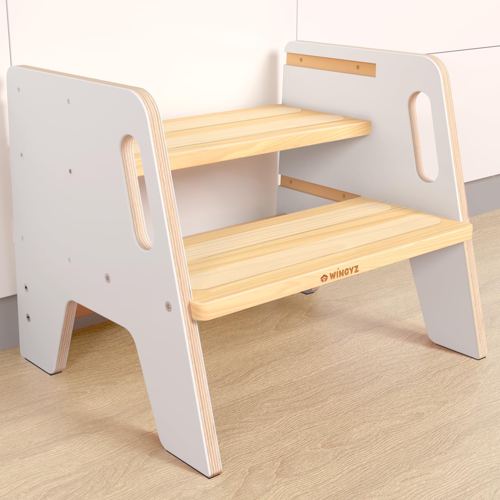 WINGYZ Tritthocker Kinder 2 Stufen aus Holz Zweistufiger Hocker mit 2 verstellbaren Höhen, 2 Griffen & Anti-Rutsch Pads, tragbar Kinderhocker für Badezimmer, Küche & Waschbecken ab 2 Jahren(Weiß) Angebot bei HelloDeals