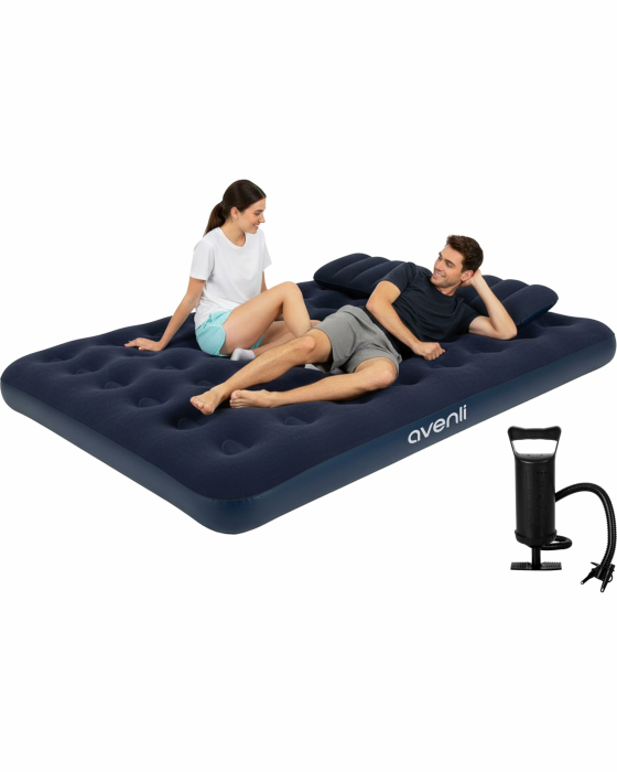 AVENLI Luftmatratze Luftbett Camping Set mit 2 Kissen und Pumpe für 2 Personen 203x152x22cm aufblasbare Matratze Gästebett weiche Liegefläche mit beflockter Oberfläche Reise-Bett für Camping & Zuhause Angebot bei HelloDeals