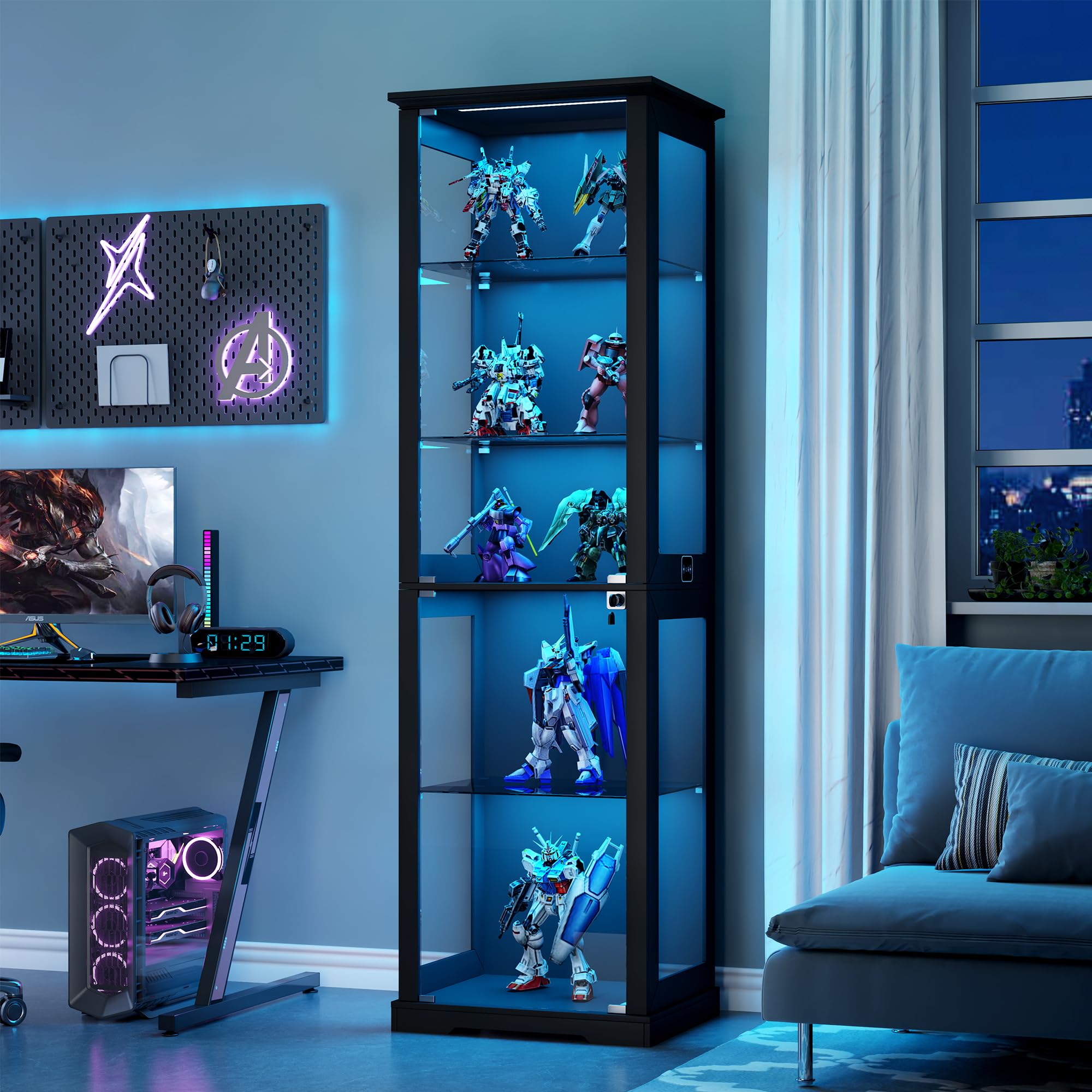 Lvifur Glasvitrine mit LED Beleuchtung und Glastüren für Wohnzimmer Schlafzimmer,40×50×180cm 5-Lagen Vitrinenschrank Vitrine mit Intelligente Sensorik für Sammlerstücke,Wein,Black Schwarz Angebot bei HelloDeals