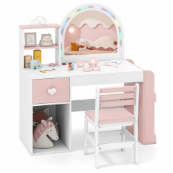 COSTWAY 2 in 1 Schminktisch Kinder mit Beleuchtung, Kinderschminktisch mit Buntem Spiegel, Bücherregal & Schublade, Frisiertisch aus Holz, Kosmetiktisch Set für Mädchen ab 3 Jahren (Weiß) Weiß Mit Regal Angebot bei HelloDeals