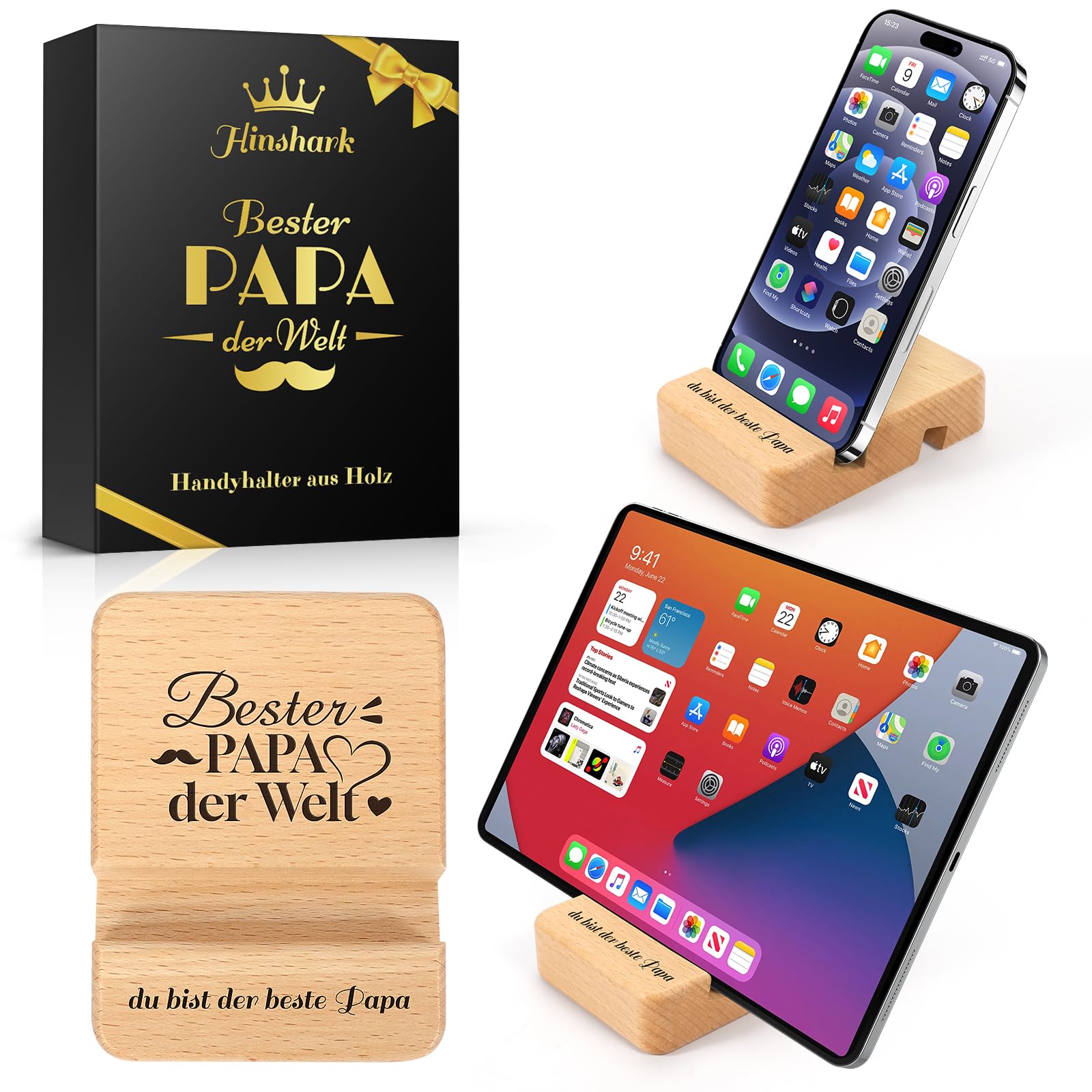 Hinshark Papa Geschenk Weihnachten, Tablet Handy Ständer aus Holz, Geschenke für Papa Männer Weihnachten, Geburtstagsgeschenk Gadgets für Papa, Adventskalender Füllung Männer Geschenk Holzfarbe Angebot bei HelloDeals