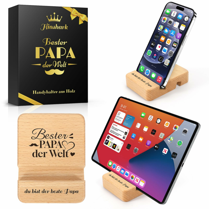 Hinshark Papa Geschenk Weihnachten, Tablet Handy Ständer aus Holz, Geschenke für Papa Männer Weihnachten, Geburtstagsgeschenk Gadgets für Papa, Adventskalender Füllung Männer Geschenk Holzfarbe Angebot bei HelloDeals