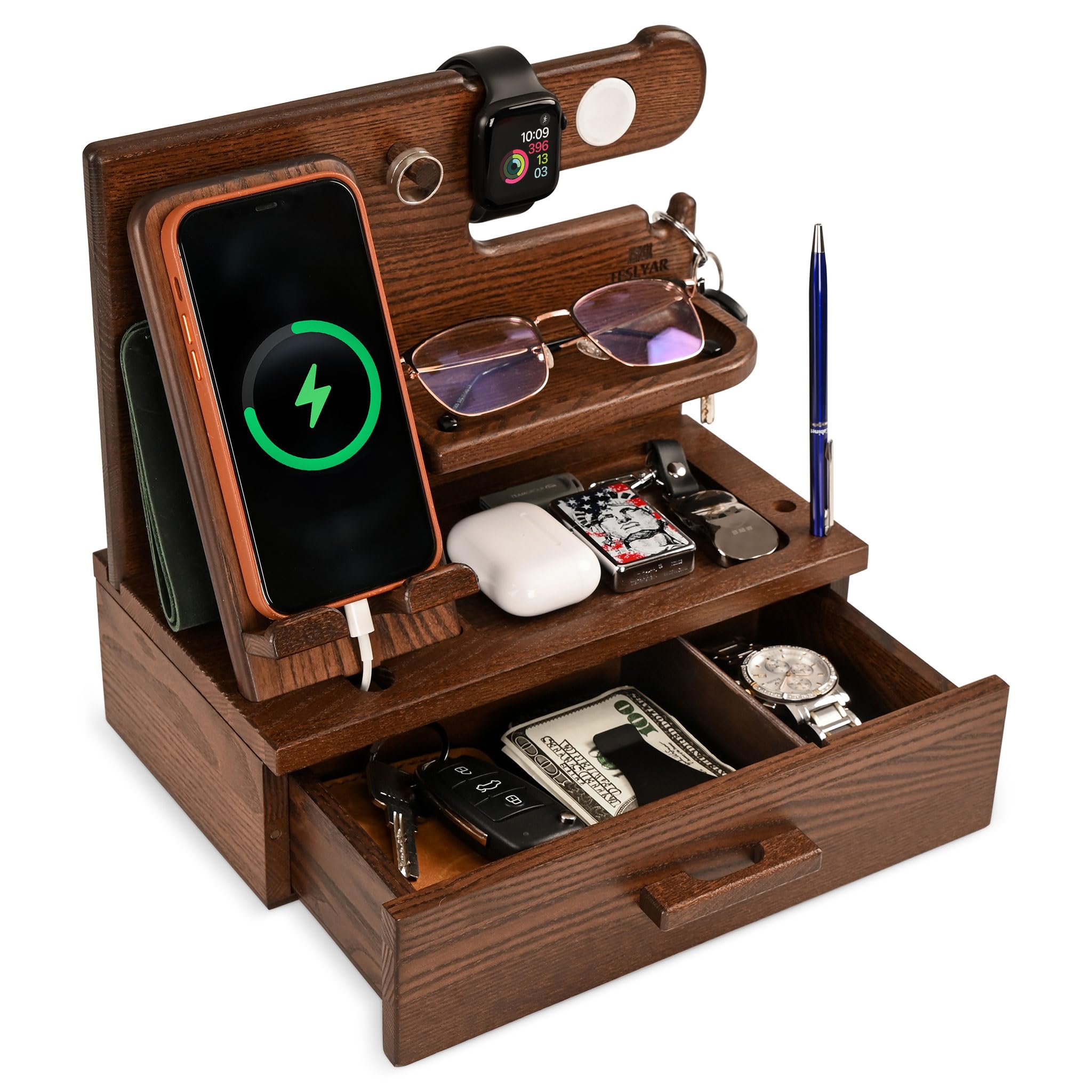 TESLYAR Handy-Dockingstation aus Holz mit Schublade – Nachttisch-Organizer – Schreibtisch-Organizer für Ehemann – Geburtstagsgeschenk für Männer oder Papa – Idee zum Jahrestag – Schlüsselhalter, Modern Braun Angebot bei HelloDeals