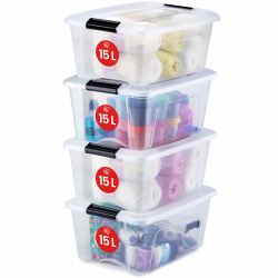Iris Ohyama, Aufbewahrungsboxen mit Deckel, Kunststoffboxen, Plastikbox, Box mit Deckel, 15L, 4er-Set, Transparent, Verschlussclips, Stapelbar, Organisation, BPA-frei, Plastikboxen, Kisten, NTB-15 15L x4 Angebot bei HelloDeals