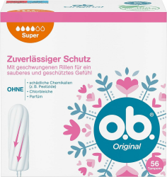 o.b. Tampons Original Super 56 Stk., mit StayDry-Technologie und geschwungenen Rillen für starke Tage, 100 Prozent pflanzlich basierter Tamponkern 56 Stück (1 x 56) Angebot bei HelloDeals