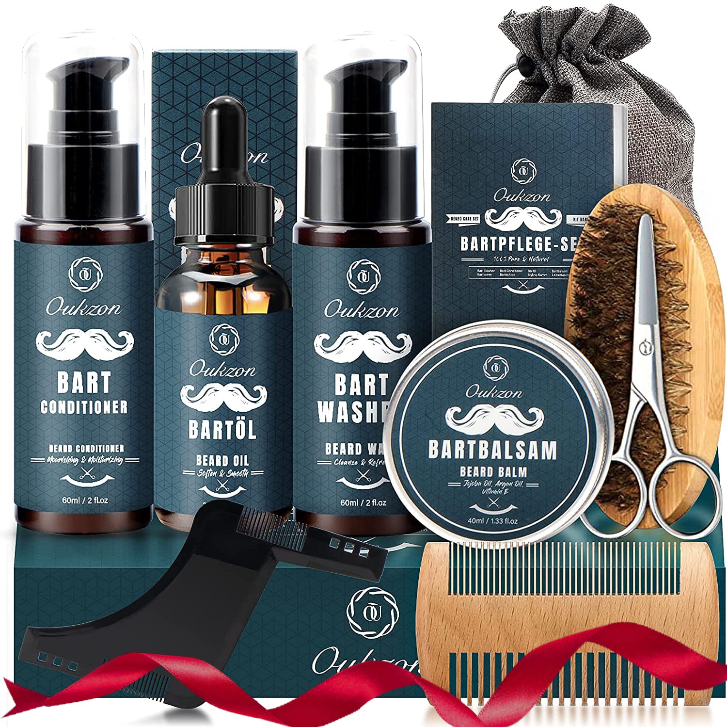 Bartpflege Set für Männer, Oukzon 10 in 1 Hochwertig Bart Geschenke für Männer - 60ML Bartshampoo, 60ML Bart Conditioner, Bartöl, Bartbalsam, Bartkamm,Bartbürste, Bartschere,Bartschablonen,Reisetasch Angebot bei HelloDeals
