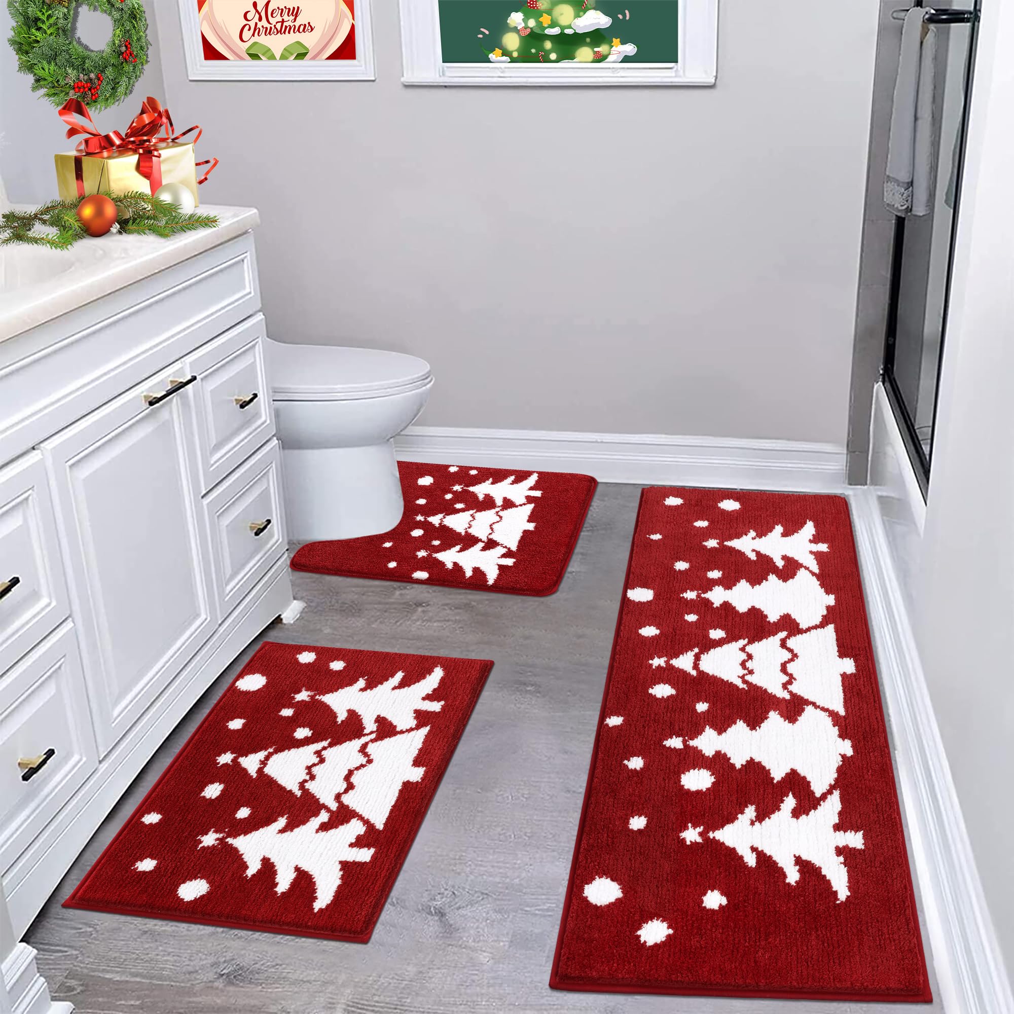 Weihnachtsbaum Badvorleger Set 3 Teilig, Badezimmerteppich Badteppich Set rutschfeste Wasserabsorbierend Schneeflocken WC Toilettenmatte Maschinenwaschbar Duschvorleger Duschteppich,Rot Baum 45x65+45x120+U50x60cm Angebot bei HelloDeals