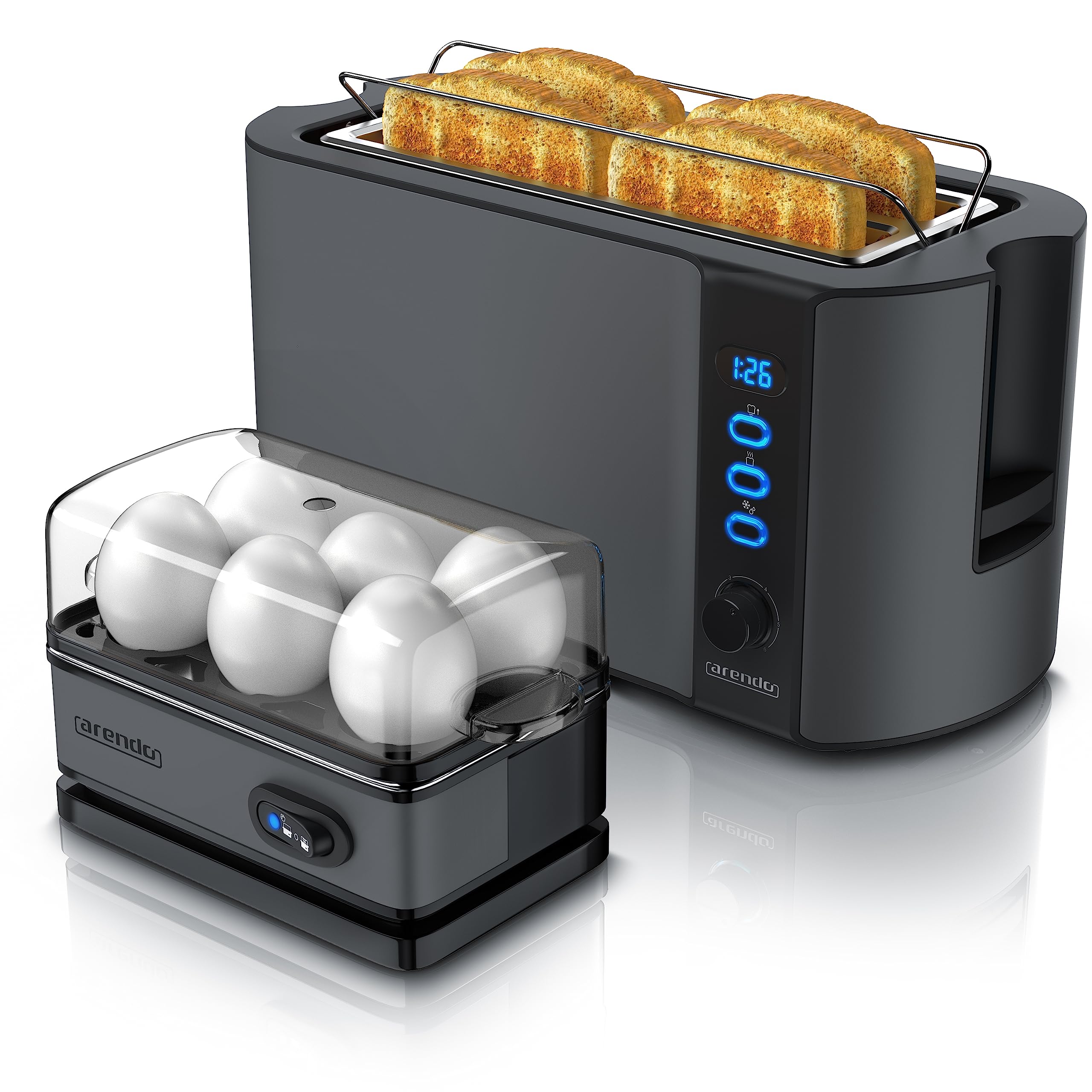 Arendo - SET Eierkocher SIXCOOK mit Toaster FRUKOST Edelstahl Cool Grey, Toaster 4 Scheiben, LED-Display, 6 Bräunungsgrade, Brötchenhalter - Eierkocher 1-6 Eier, Messbecher A: Cool Grey Angebot bei HelloDeals