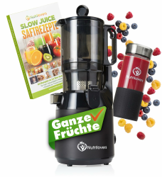 Nutrilovers Entsafter NUTRI-PRESS MAX Ganze Früchte entsaften Slow Juicer Slow Juicer Kaltpresse mit XXL 135 mm Öffnung, BPA-frei inkl. Saft-Flasche, Slow Juice Rezeptbuch Nutri-press Max (Schwarz) Angebot bei HelloDeals